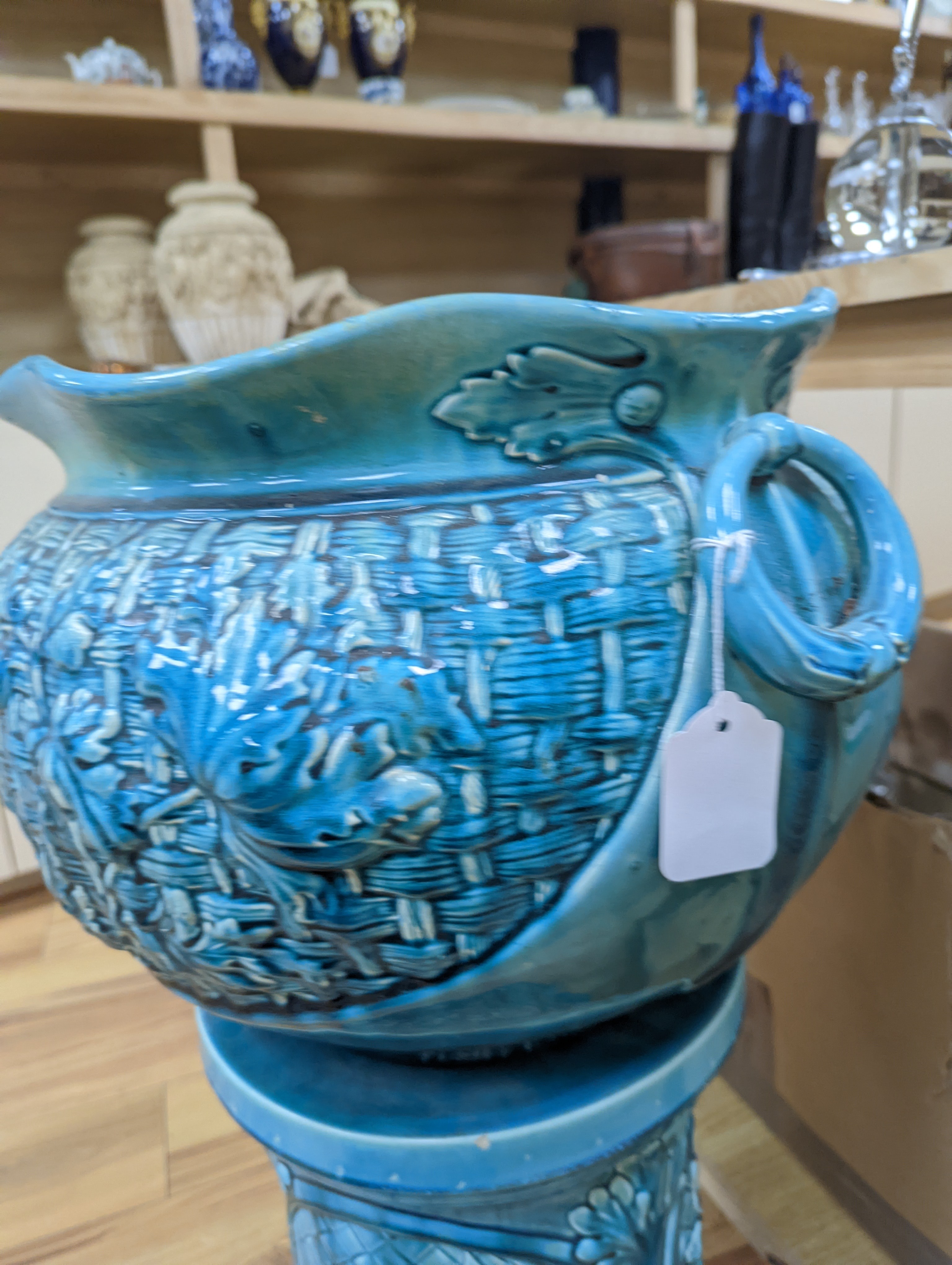 A Bretby turquoise-glazed jardiniere on pedestal 74cm